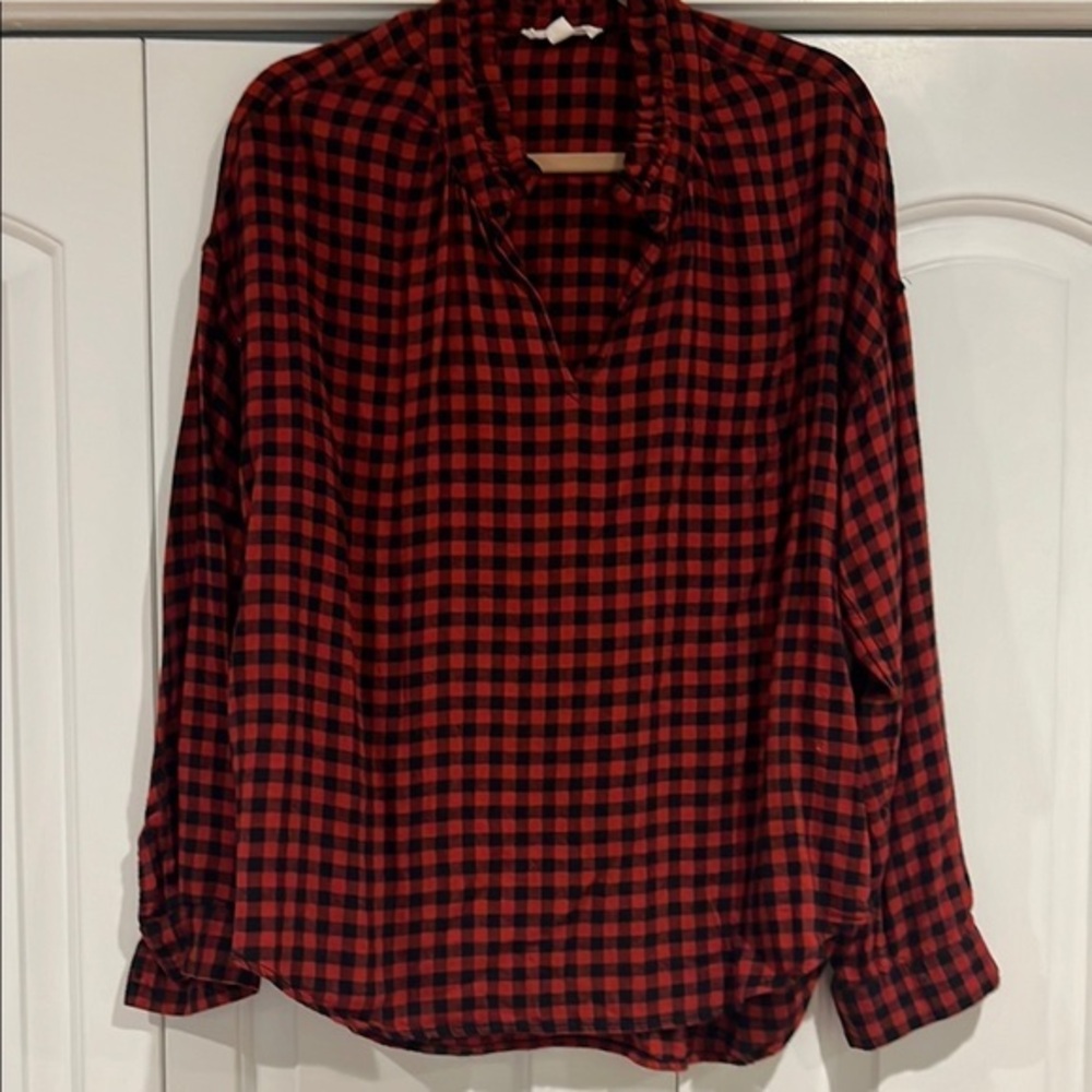 beachlunchlounge Red and Black Collar Long Sleeve Button Down‎ Shirt flannel L